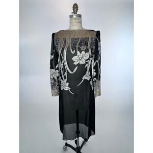 VTG Shangri La  Sheer Cocktail Midi Eveningwear Embroidered Metallic Dress